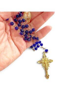 Vintage Catholic Rosary Cobalt Blue Glass Beads Crucifix Saint Michael